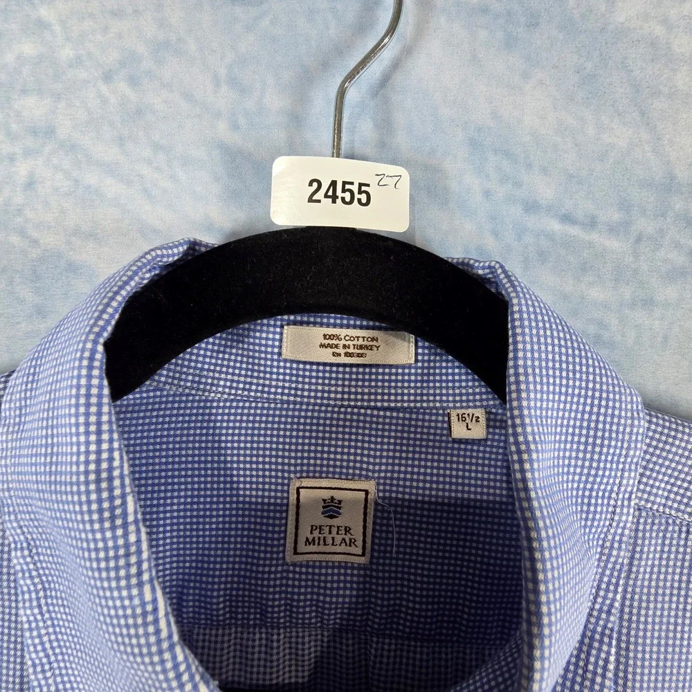 Peter Millar Mens Blue Gingham Cotton Button Down Shirt Large 16.5 2455‎
